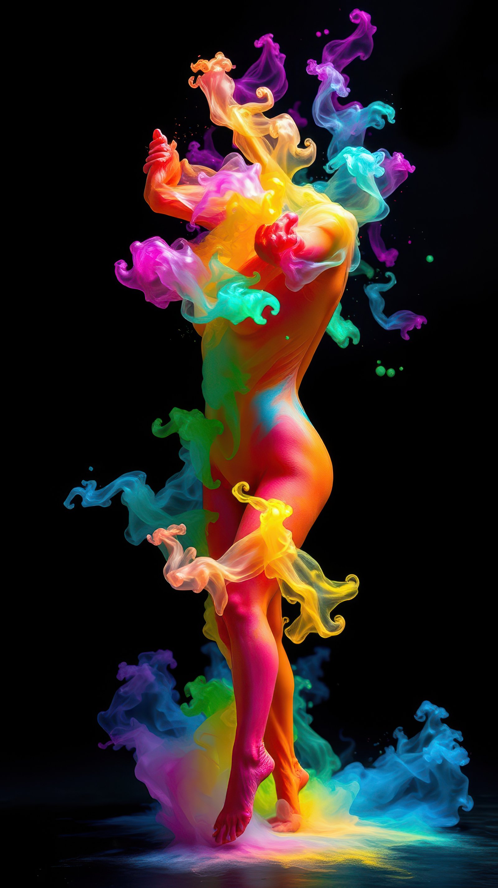 Vibrant colors envelop a dynamic figure in a captivating display of art and movement